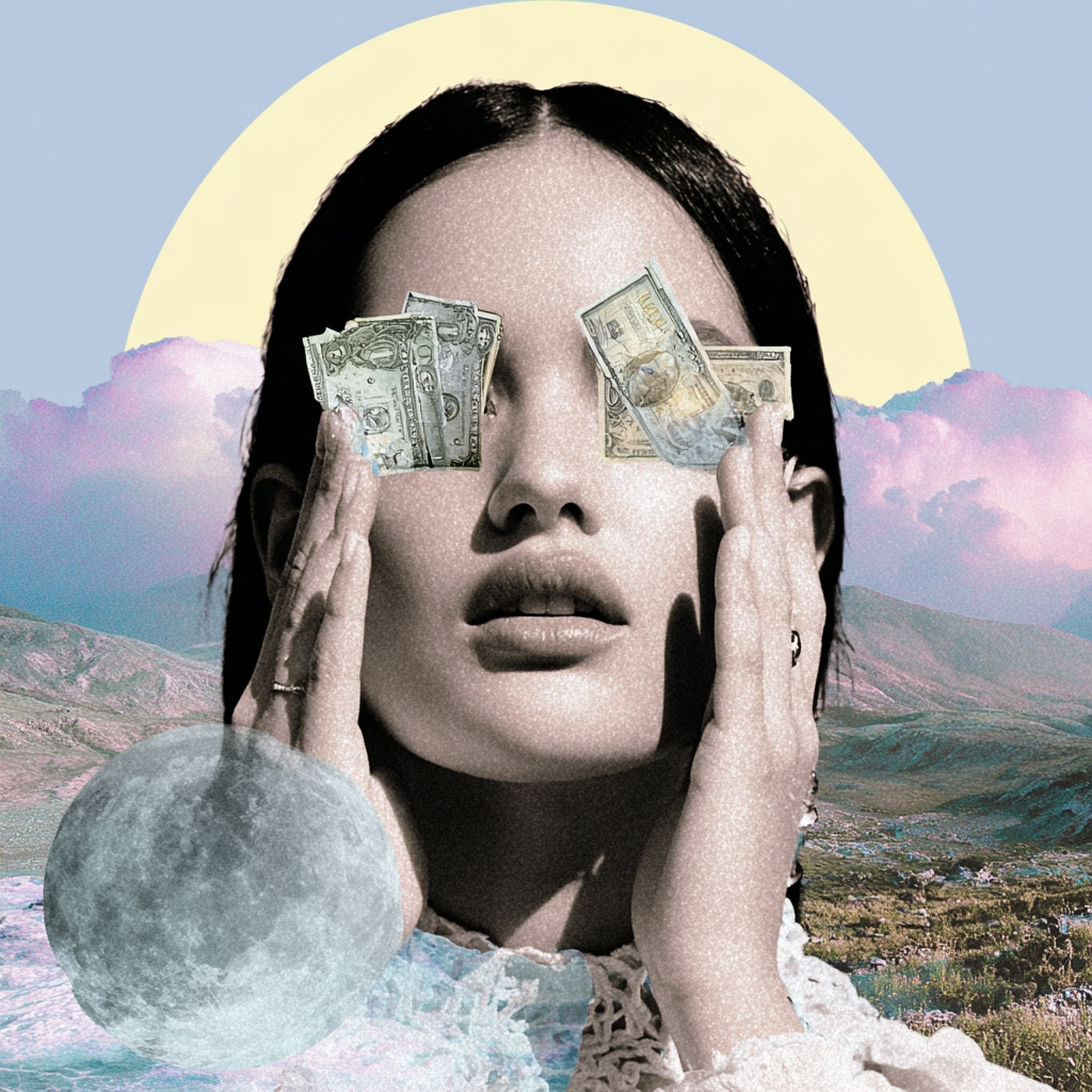 Mujer con billetes en los ojos